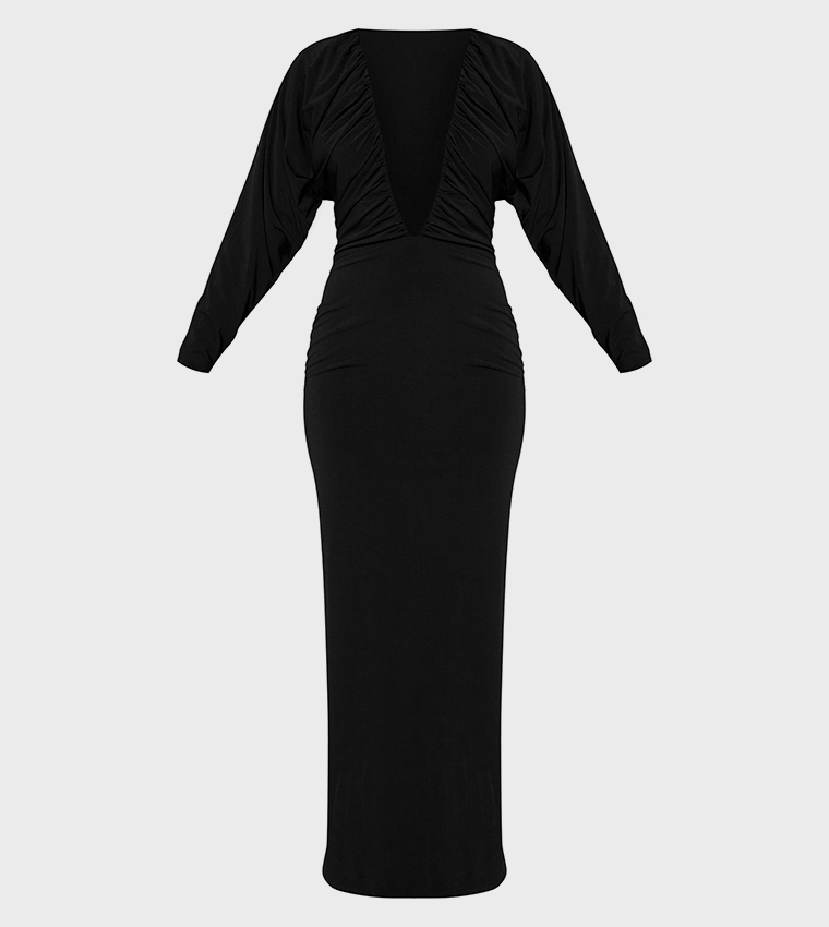 Plt Label Slinky Ruched Plunge Maxi Dress