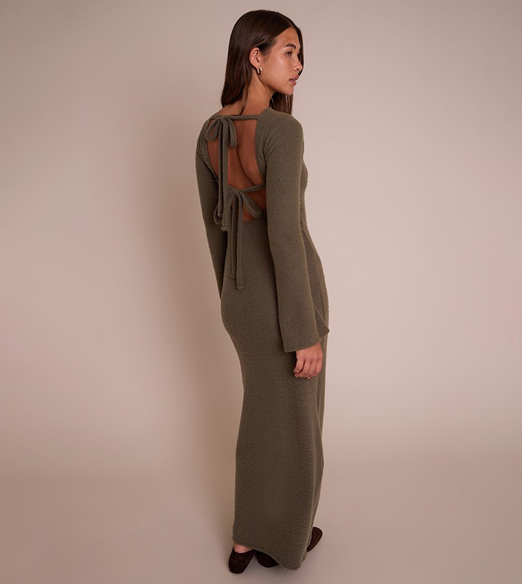 Brushed Tie Back Long Sleeves Maxi Dress