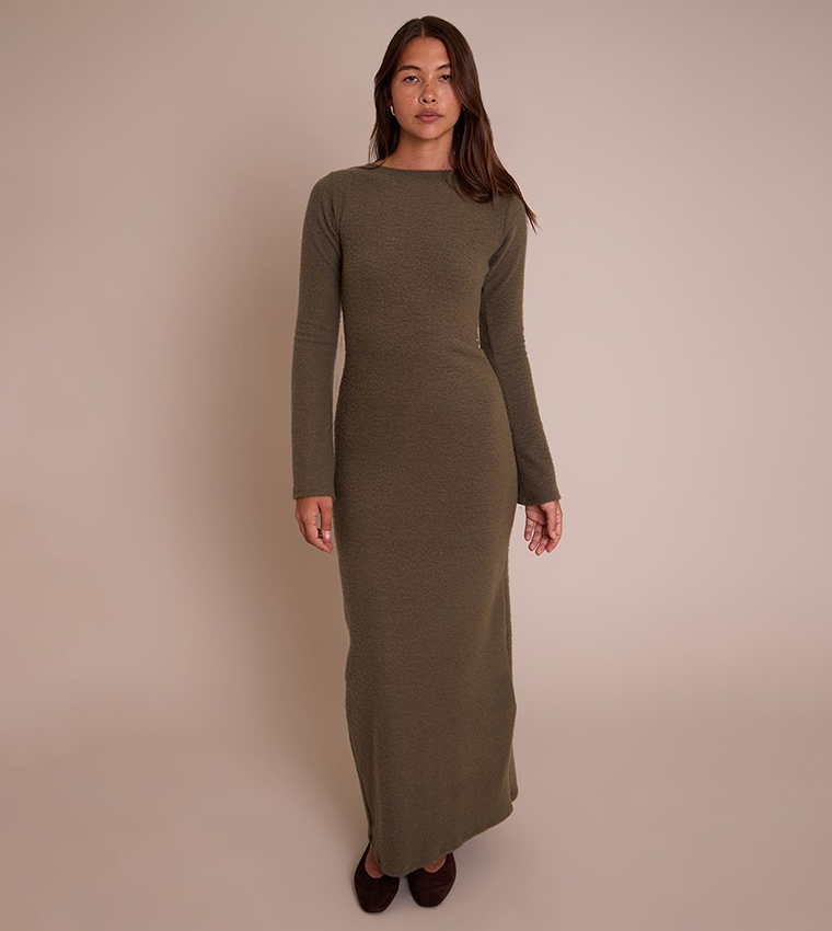 Brushed Tie Back Long Sleeves Maxi Dress
