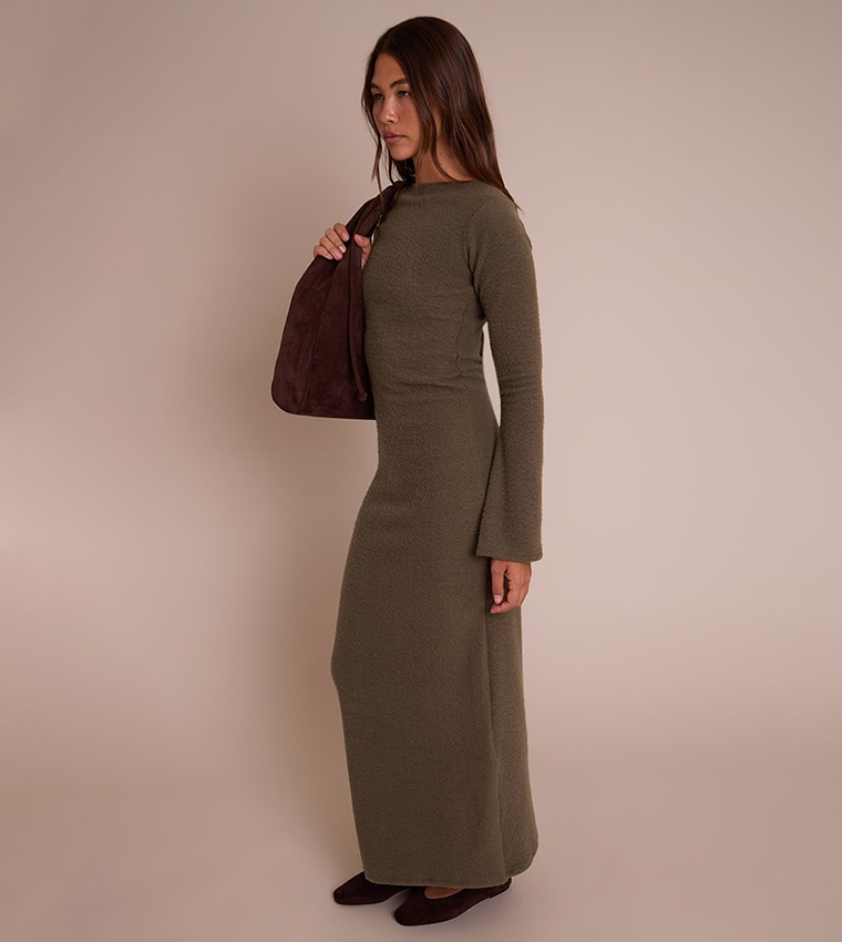 Brushed Tie Back Long Sleeves Maxi Dress