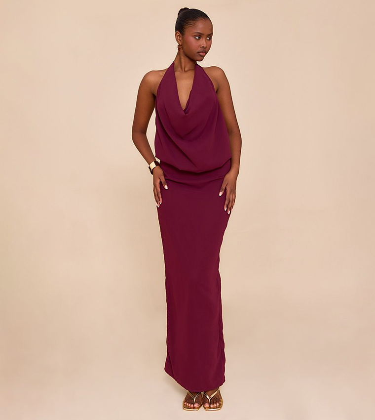 Chiffon Halterneck Cowl Maxi Dress