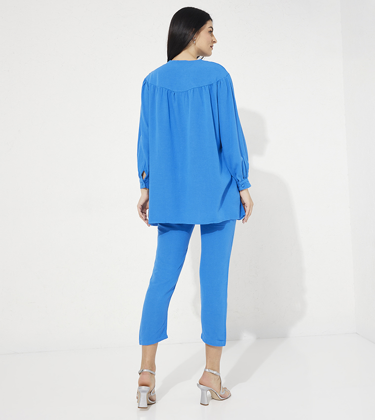 Gathered Detail Long Sleeves Linen Co-Ord Set