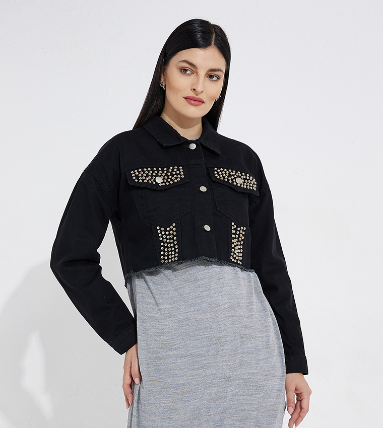 Embellished black hot sale denim jacket