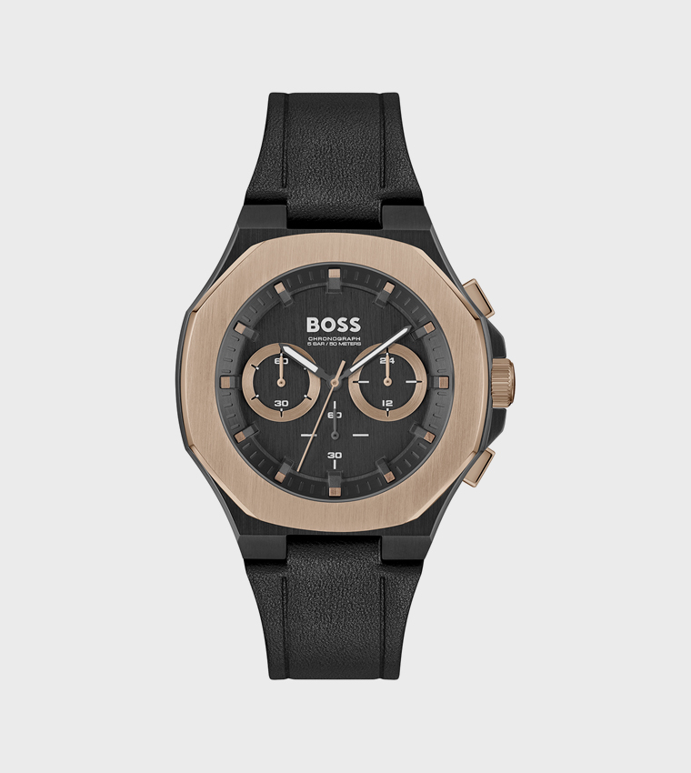 Black Dial Leather Strap Analog Watch