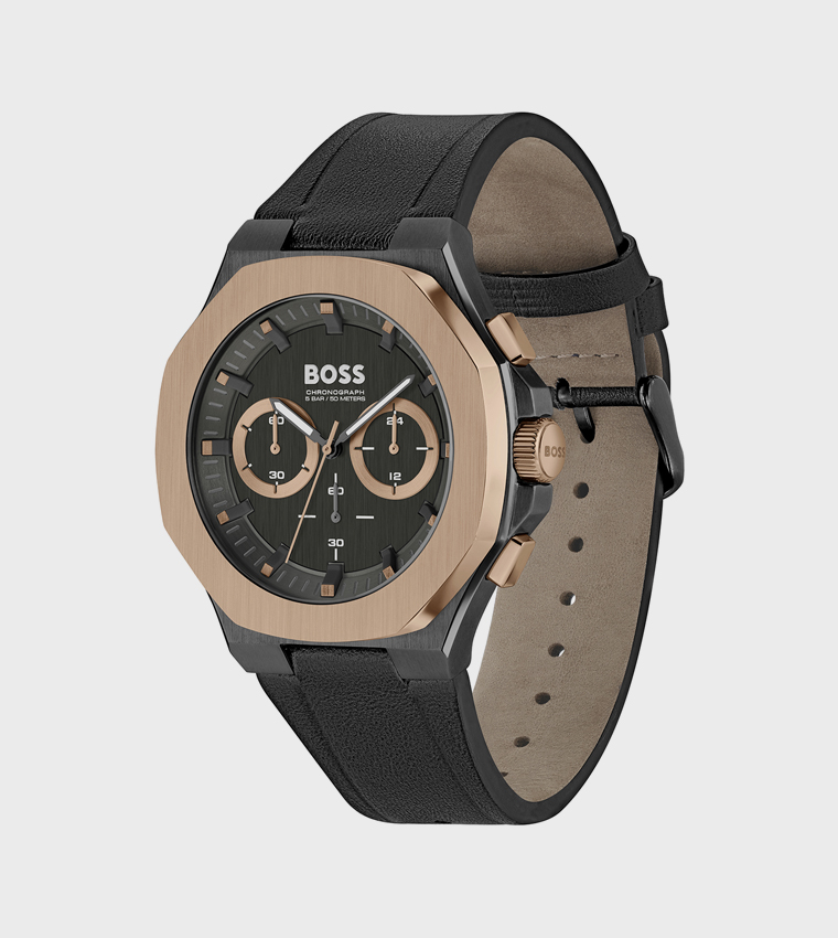 Black Dial Leather Strap Analog Watch