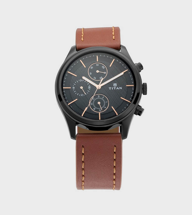 Black Dial Multifunction Watch with Leather Strap