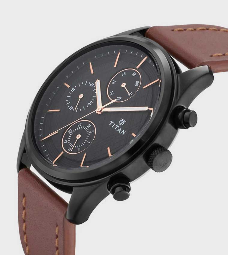 Black Dial Multifunction Watch with Leather Strap