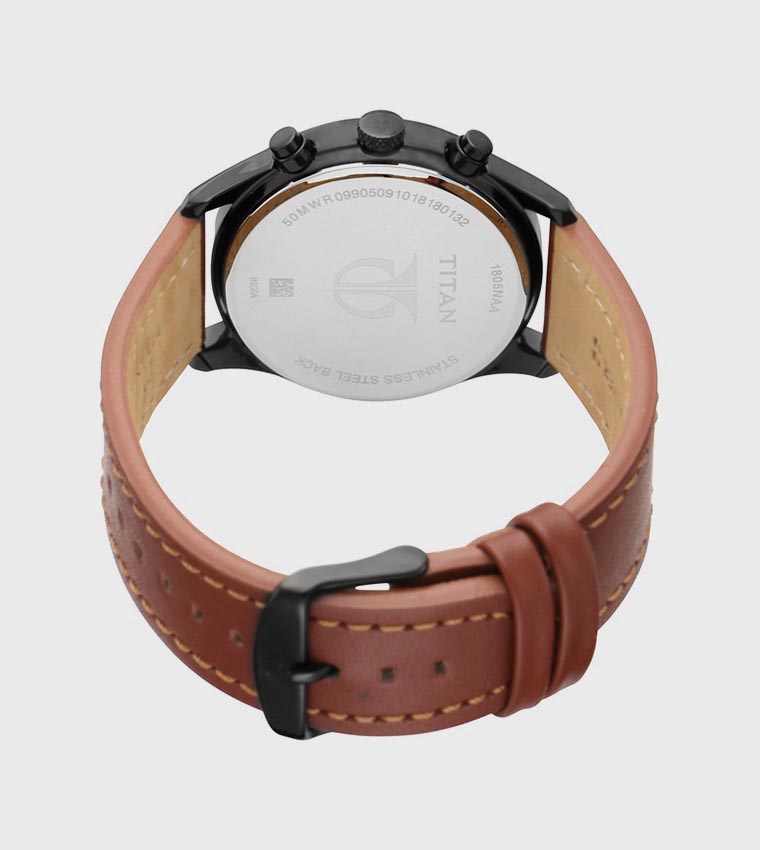 Black Dial Multifunction Watch with Leather Strap