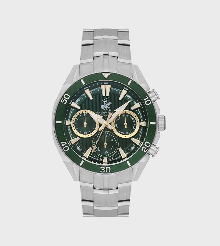 Green Dial Multifunction Watch with Metal Strap
