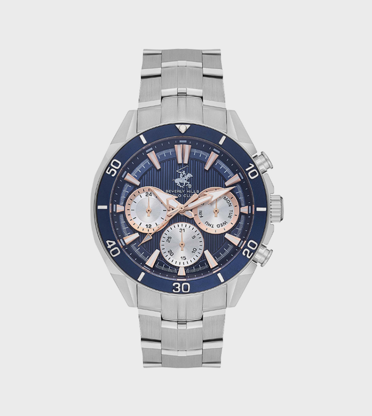 Blue Dial Multifunction Watch with Metal Strap