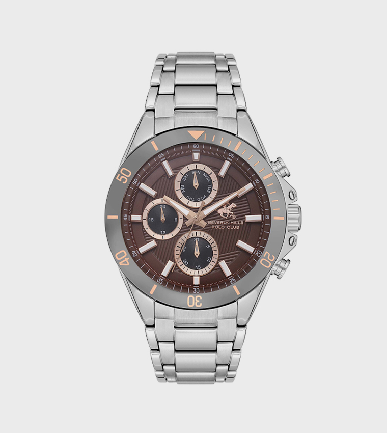 Brown Dial Multifunction Watch with Metal Strap