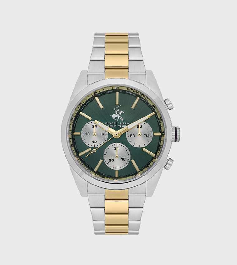 Green Dial Multifunction Watch with Metal Strap