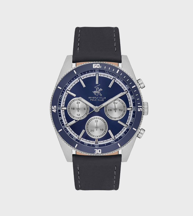 Blue Dial Multifunction Watch with Leather Strap