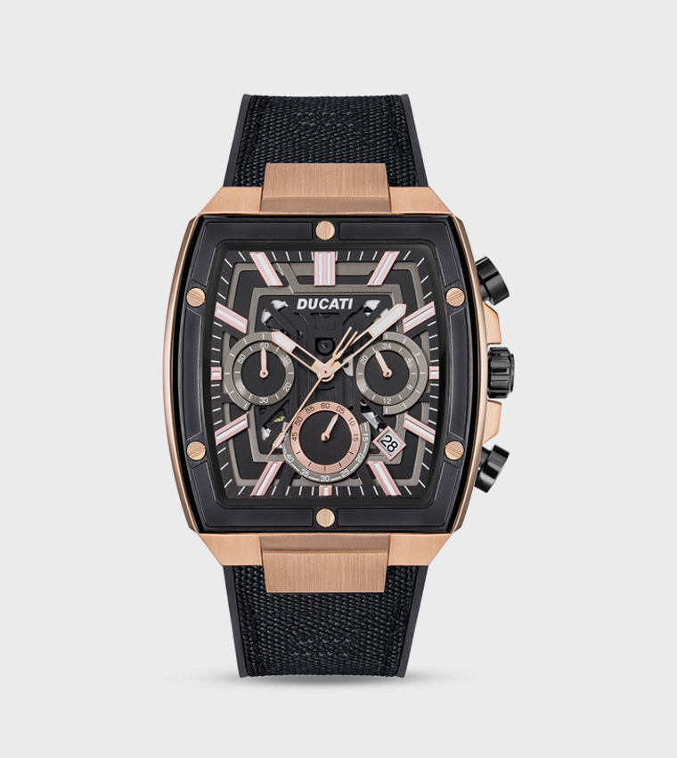Chronograph Black Dial with Rose-Gold Accents, Leather & Silicone Strap Watch, Water Resistant Up to 50m - 40mm