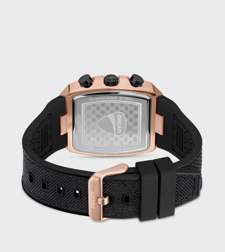 Chronograph Black Dial with Rose-Gold Accents, Leather & Silicone Strap Watch, Water Resistant Up to 50m - 40mm