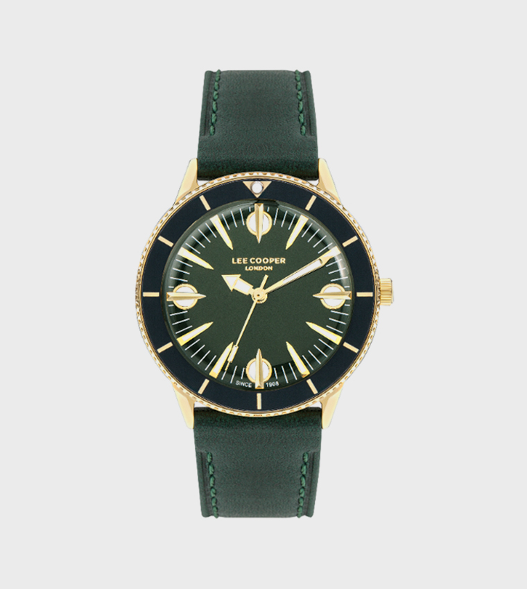 Green Dial Analog Watch with Leather Strap