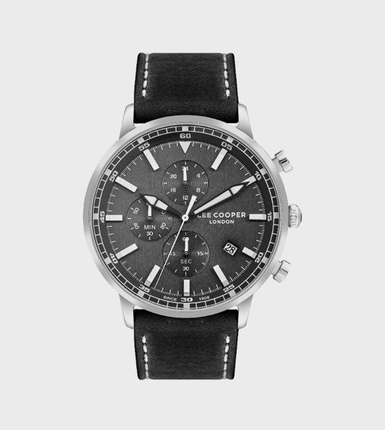Black Dial Multifunction Watch with Leather Strap