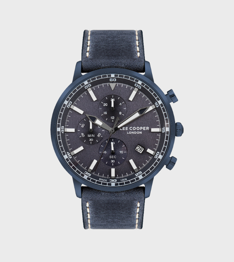 Blue Dial Multifunction Watch with Leather Strap