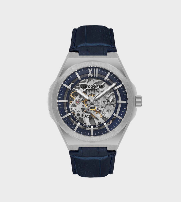 Blue Dial Automatic Watch with Leather Strap
