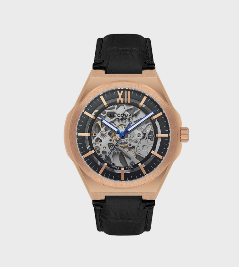 Black Dial Automatic Watch with Leather Strap