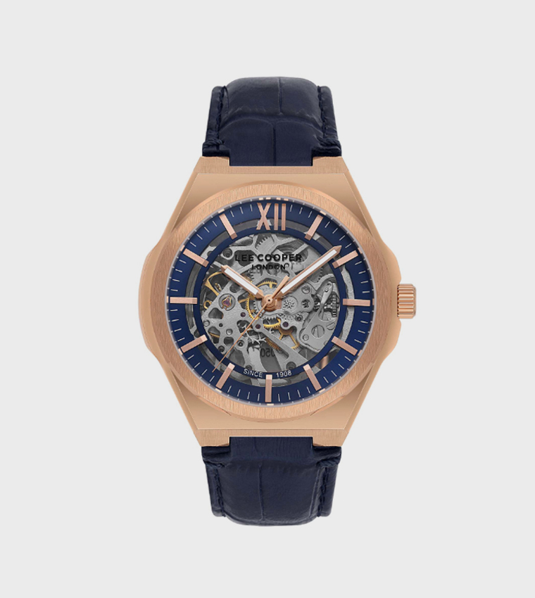 Blue Dial Automatic Watch with Leather Strap