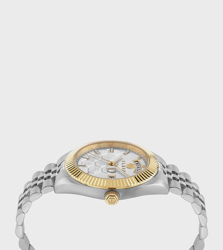 DATE SUPERLATIVE GENT Silver Honeycomb Dial, Day & Date Display, Dual-Tone Stainless Steel Bracelet Watch - 42mm