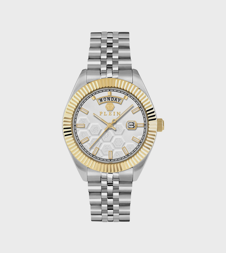 DATE SUPERLATIVE GENT Silver Honeycomb Dial, Day & Date Display, Dual-Tone Stainless Steel Bracelet Watch - 42mm