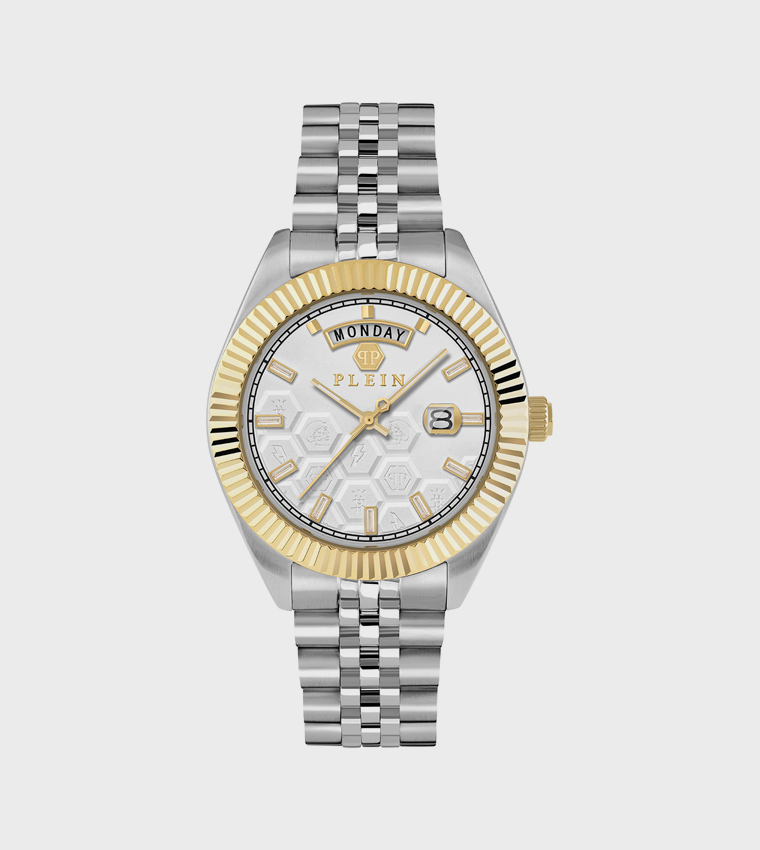 DATE SUPERLATIVE GENT Silver Honeycomb Dial, Day & Date Display, Dual-Tone Stainless Steel Bracelet Watch - 42mm
