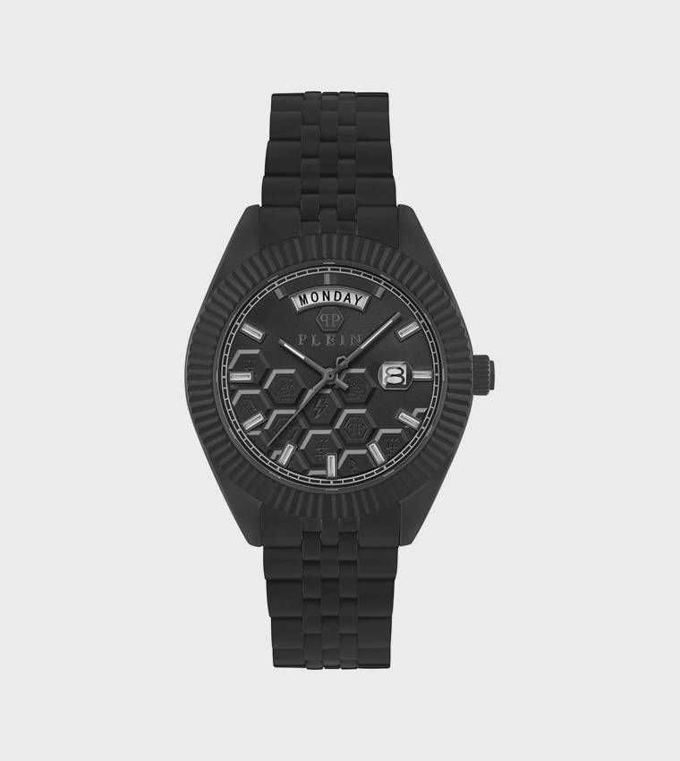 DATE SUPERLATIVE GENT Black Honeycomb Dial, Dual-Tone Stainless Steel Bracelet Watch, Water Resistant 50m - 42mm