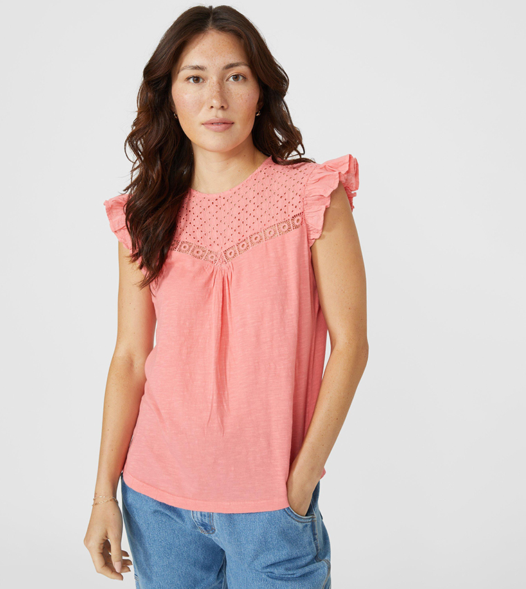 Buy Mantaray Frill Sleeves Broderie Yoke Slub T Shirt In Pink