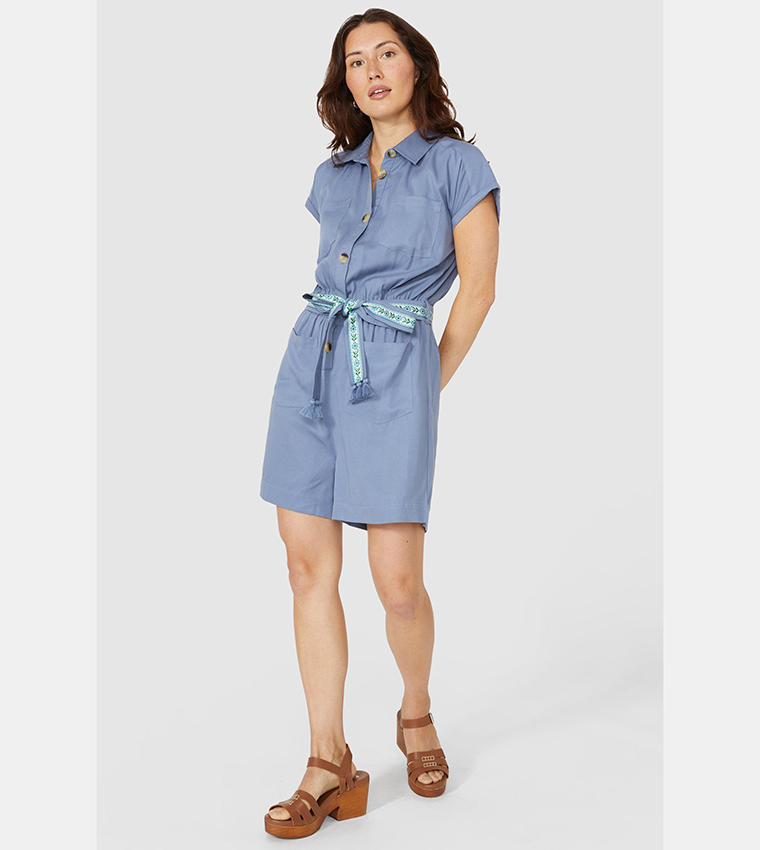 Buy Mantaray Embroidered Belt Tencel Playsuit In Blue 6thStreet Qatar