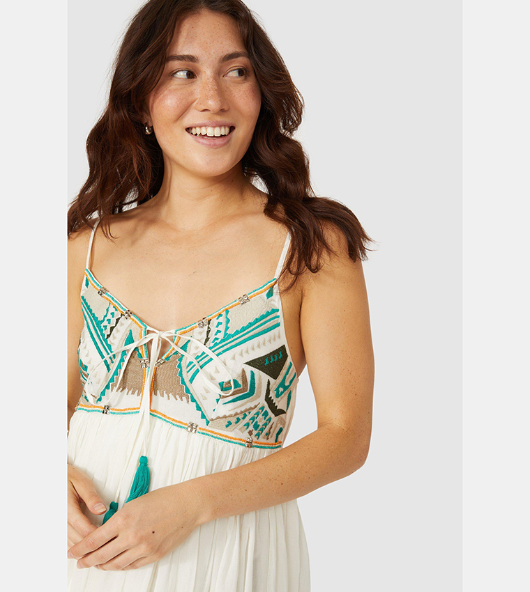 Buy Mantaray Strappy Tassel Tie Embroidered Yoke Sun Dress In White 6thStreet Qatar