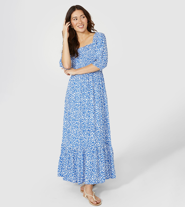 Buy Mantaray Puff Sleeves Tiered Printed Midi Dress In Blue 6thStreet Bahrain