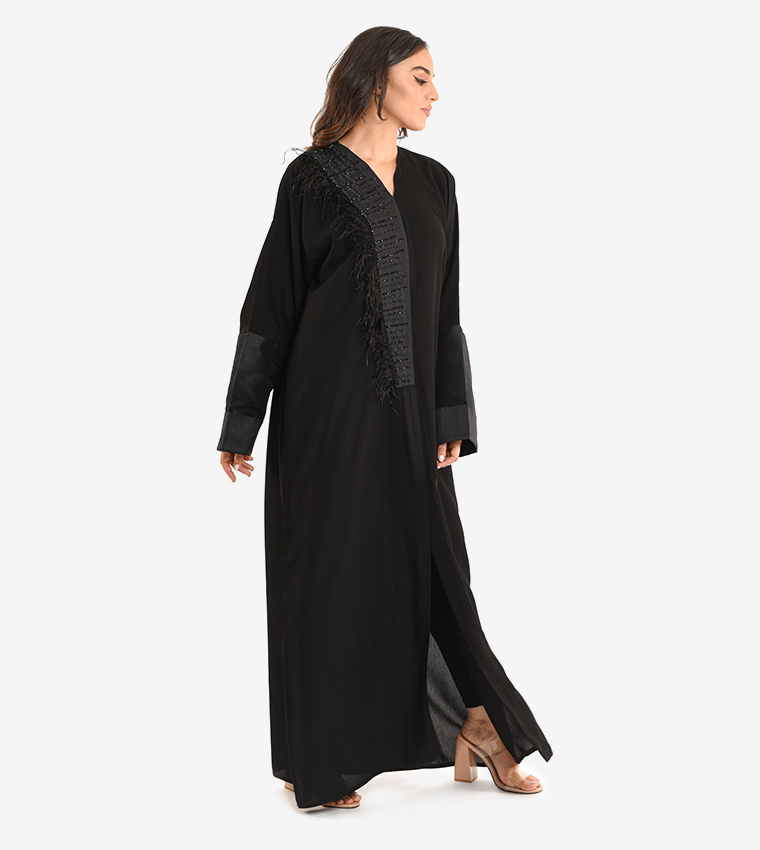 Long Sleeve V Neck Abaya - Black