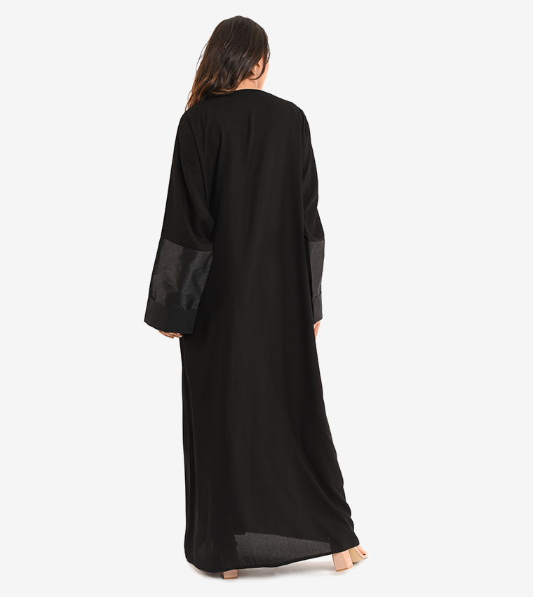 Long Sleeve V Neck Abaya - Black
