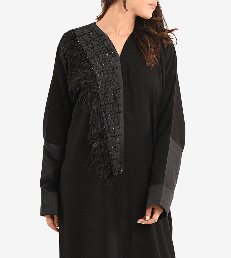 Long Sleeve V Neck Abaya - Black