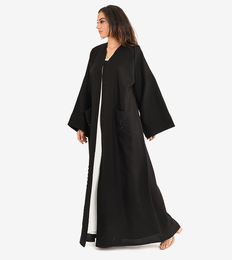 Long Sleeve V Neck Abaya - Black