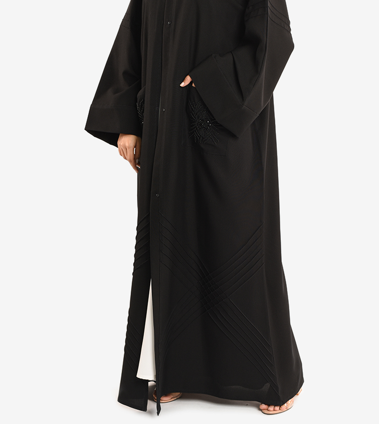 Long Sleeve V Neck Abaya - Black