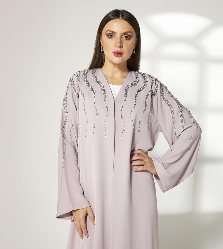 Buy Moistreet Embellished Long Sleeves Abaya In Lavender | 6thStreet UAE