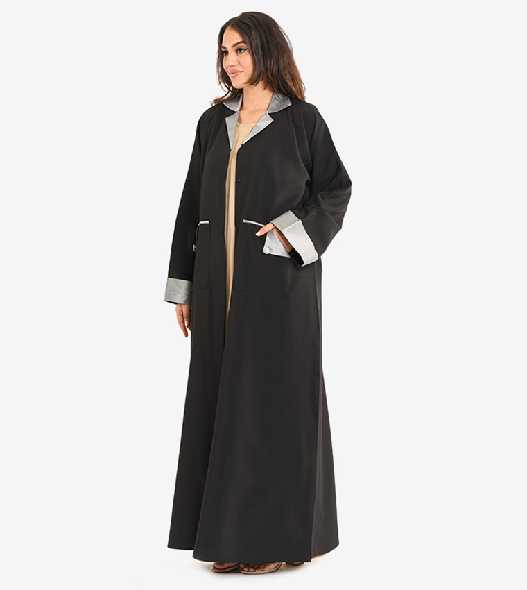 Long Sleeve V Neck Abaya - Black