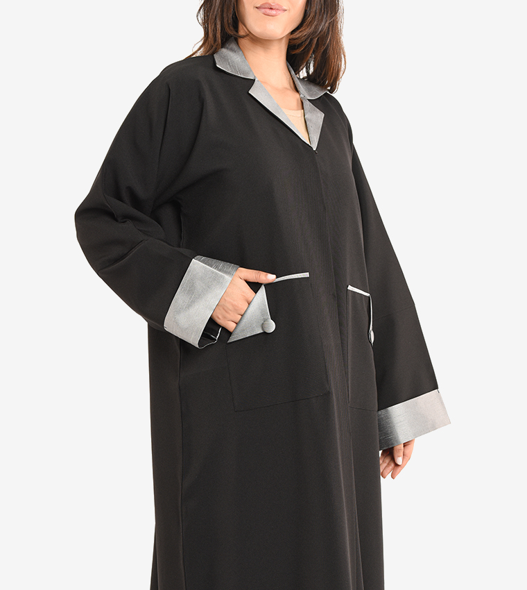 Long Sleeve V Neck Abaya - Black