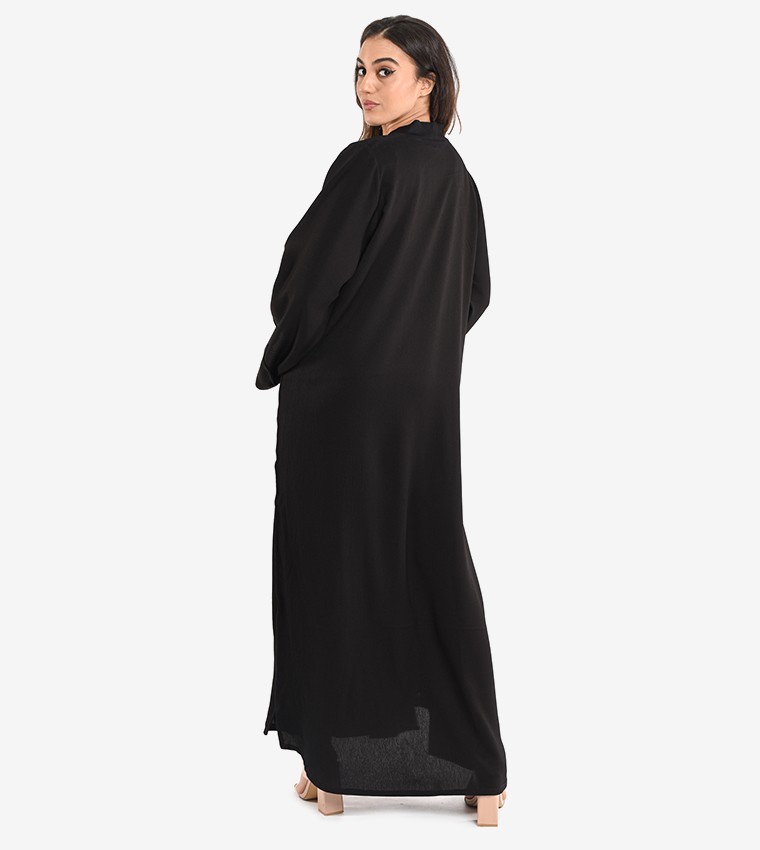 Long Sleeve V Neck Abaya - Black