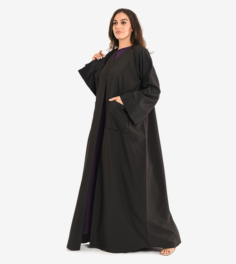 Long Sleeve V Neck Abaya - Black