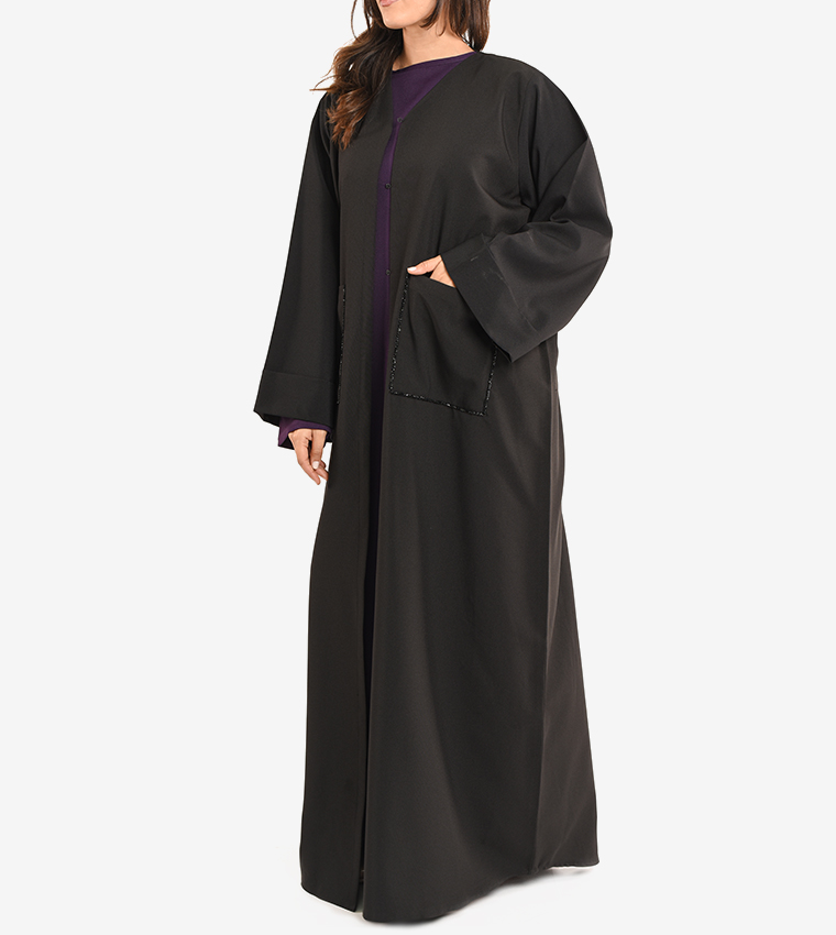 Long Sleeve V Neck Abaya - Black