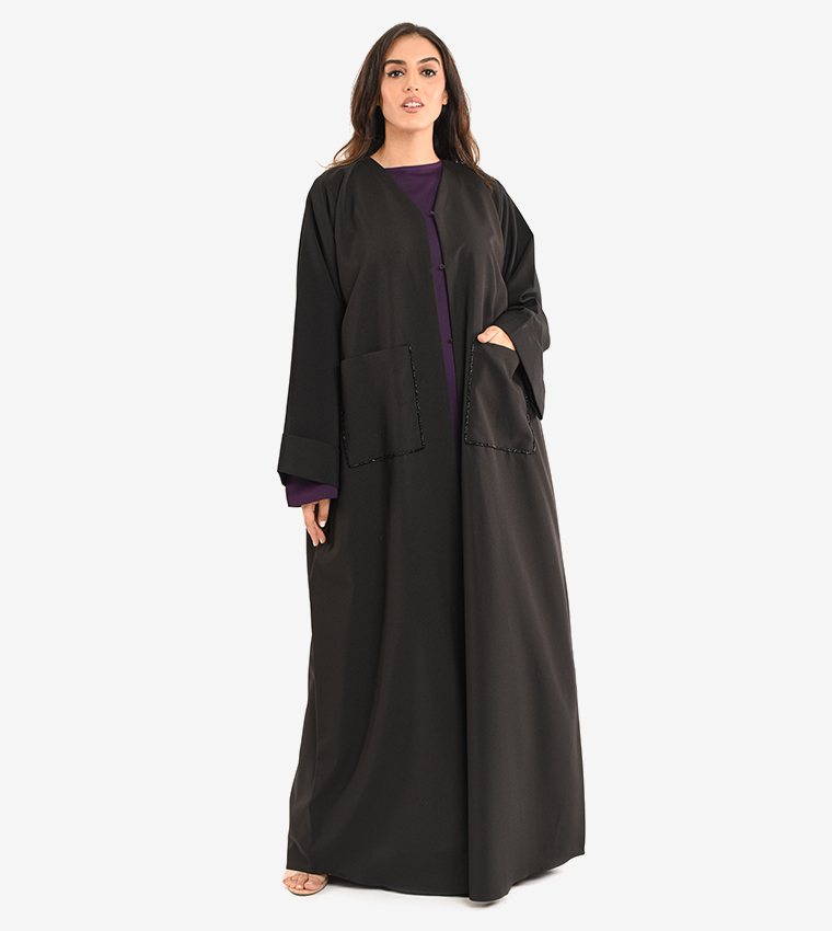 Long Sleeve V Neck Abaya - Black