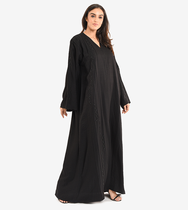 Long Sleeve V Neck Abaya - Black