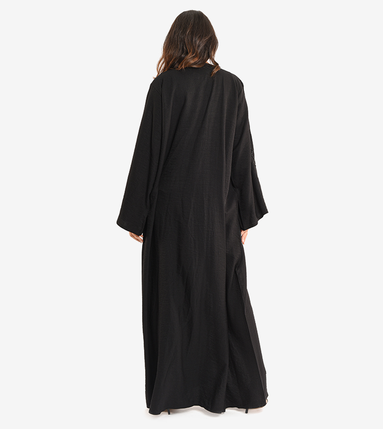 Long Sleeve V Neck Abaya - Black