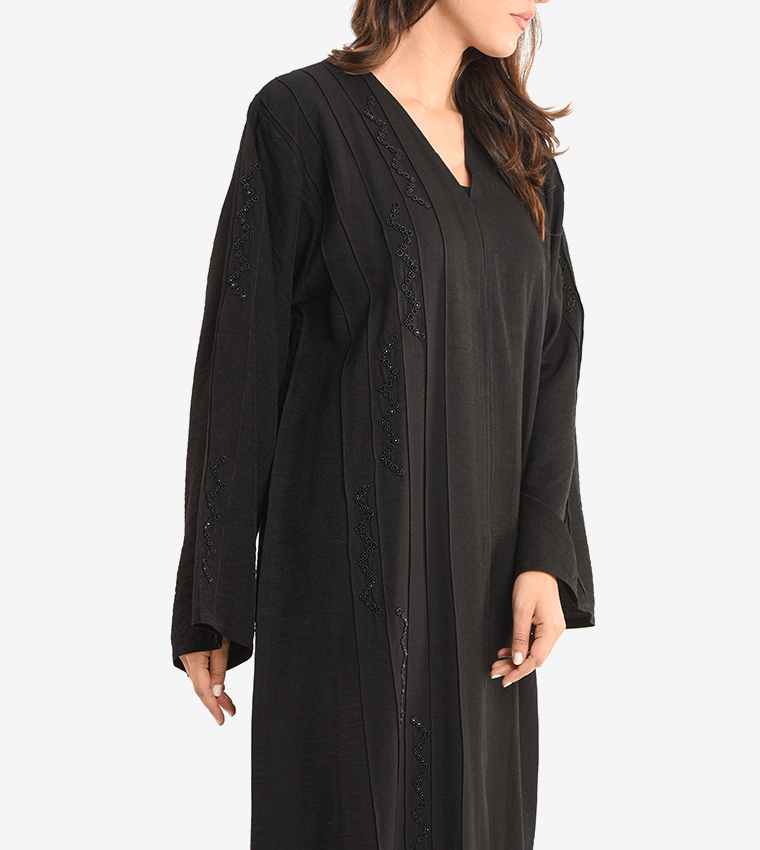 Long Sleeve V Neck Abaya - Black