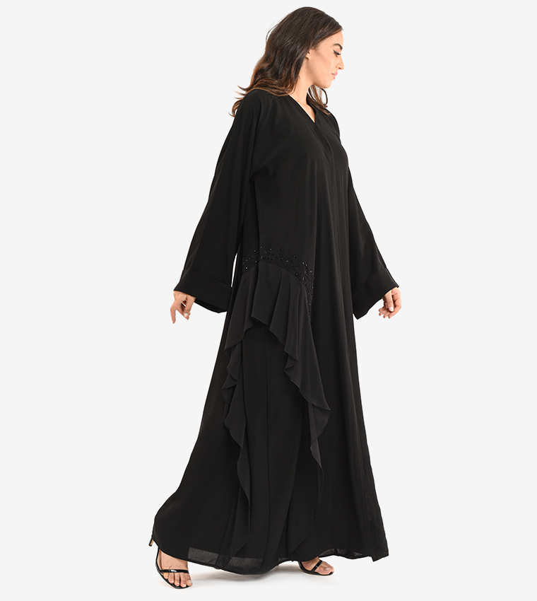 Long Sleeve V Neck Abaya - Black