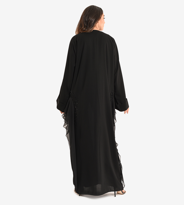 Long Sleeve V Neck Abaya - Black
